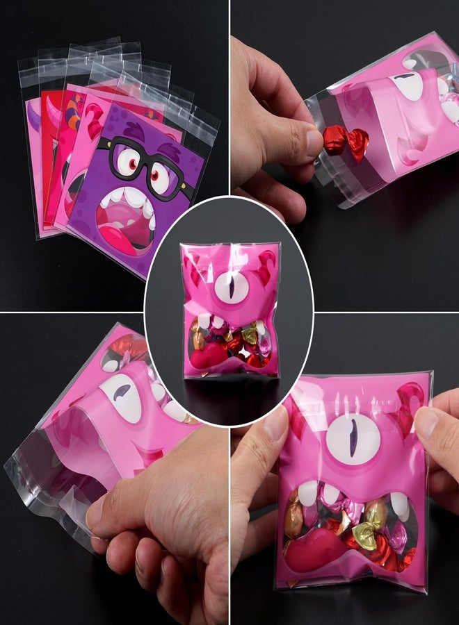 Hallswl 200pcs Valentines Day Cellophane Gift Bags Bulk for Kids,4 * 4inch Valentine Monster Self Adhesive Treat Candy Cookie Goodies Bag Valentine's Day Gift Exchange Classroom Favors - Image 3